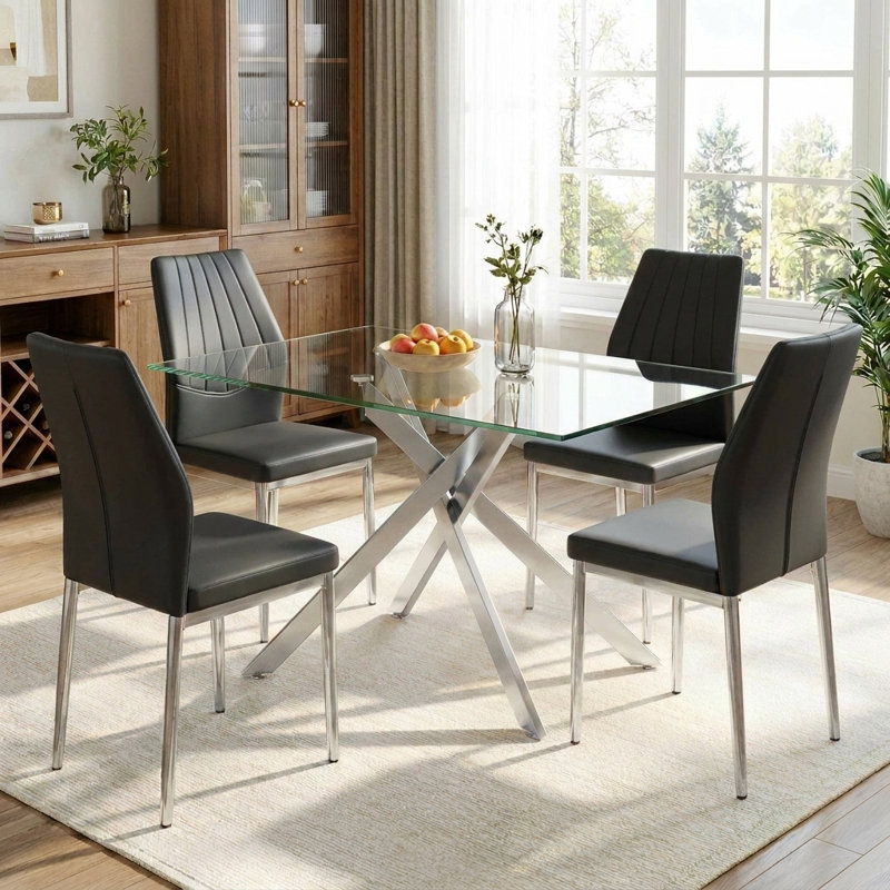 Ensemble de table de salle à manger 51 po rectangulaire moderne pour 4 personnes, table en verre avec 4 chaises rembourrées en cuir PU