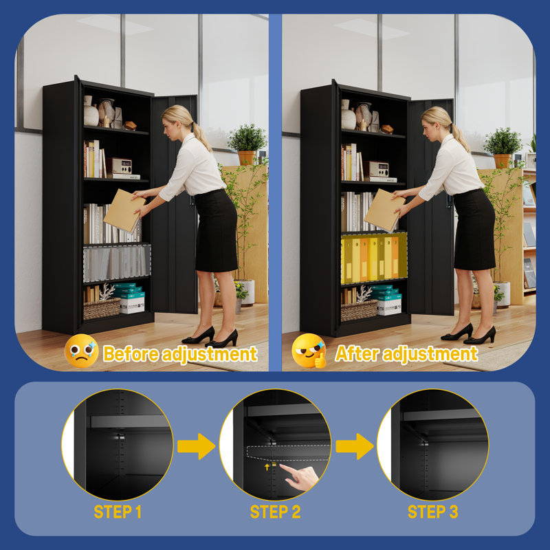 72" Heavy-Duty Metal Storage Cabinet with Lock - Black Garage Shelving Unit, 72"H x 35.4"W x 17.7"D, No