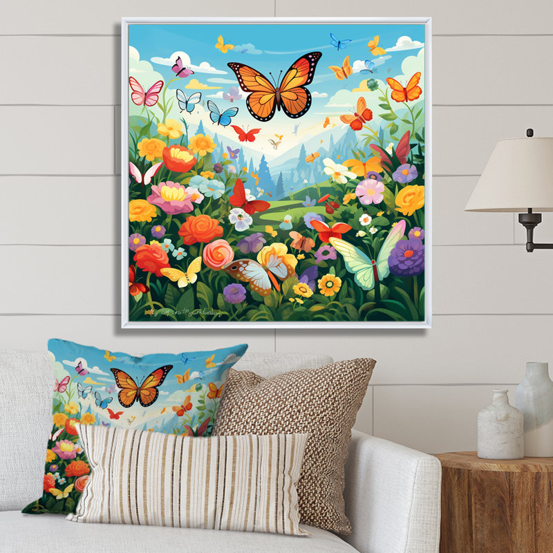 Champ de fleurs orange papillon monarque idyllique, Cadre flottant blanc, H 24 po x l 24 po x P 1 po