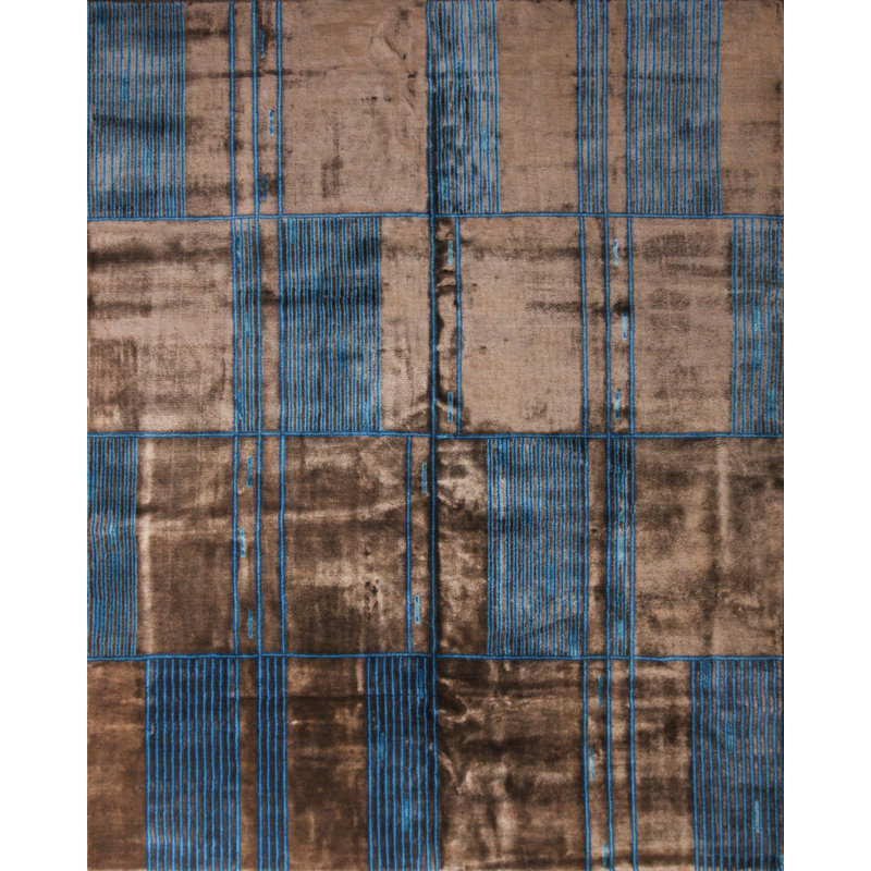 Mid Century Modern Hand Knotted Geometric Area Rug, Rectangle 9' x 12'