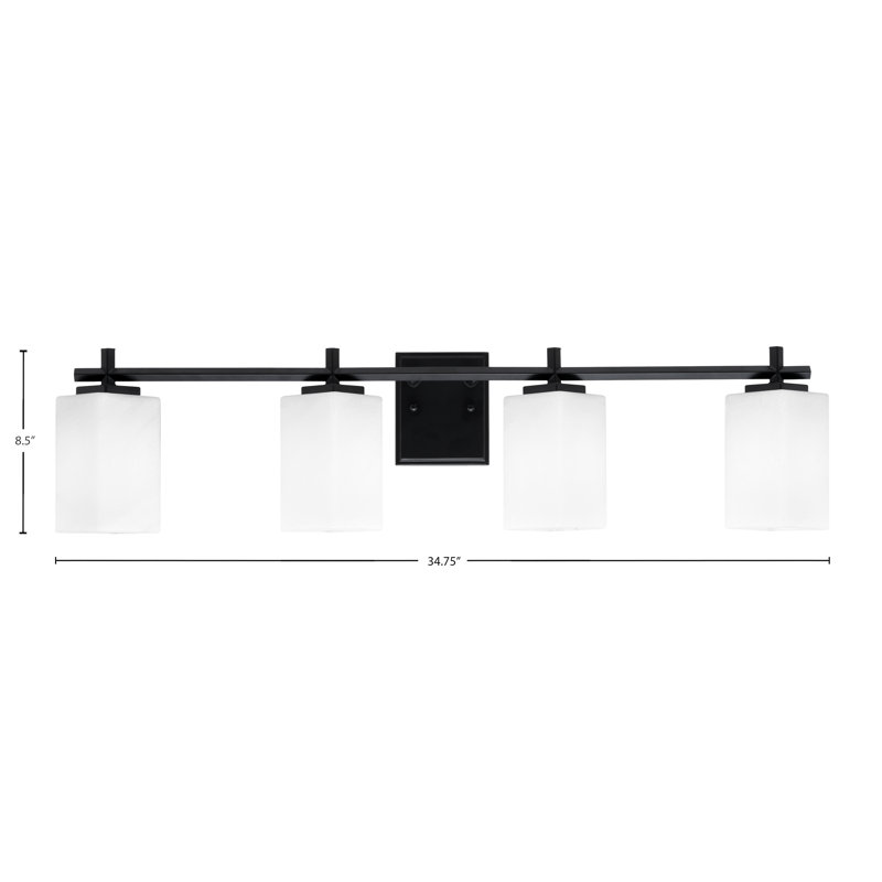 Barre d'éclairage de salle de bain 4 lumières avec verre carré en marbre blanc Franklin 3,5, Noir mat