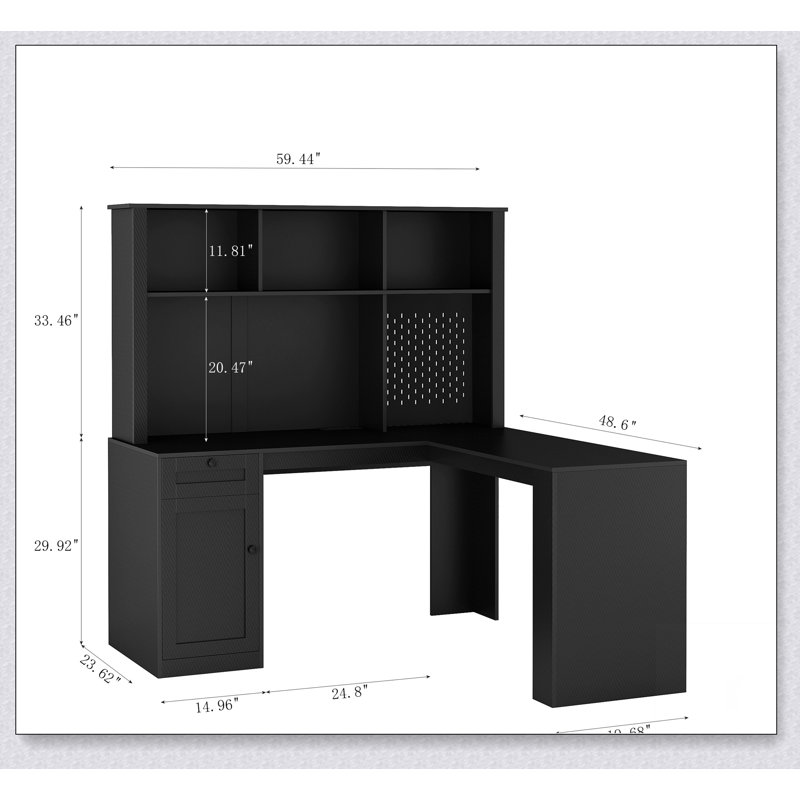 L Shaped Desk with outlet, Computer Desk with Drawers, Bookshelf & Hutch, Black