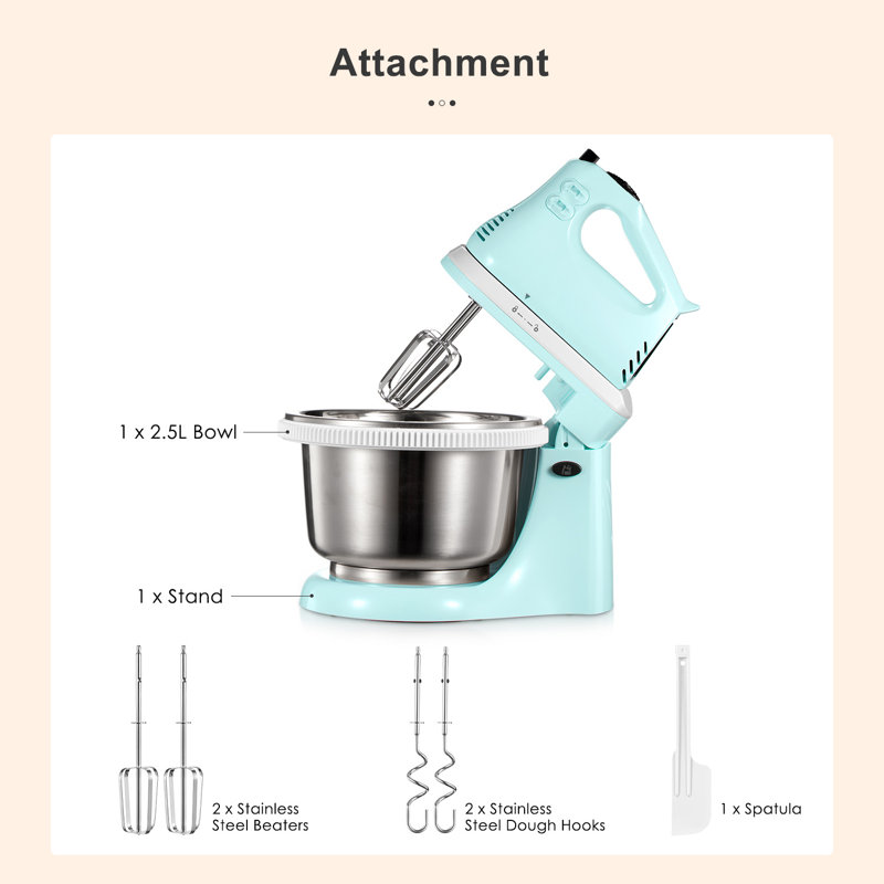 Robot de pâtisserie 2 en 1 avec bol de 3 litres – Robot de cuisine électrique avec crochets pétrisseurs et fouets pour glaçages, meringues et plus encore
