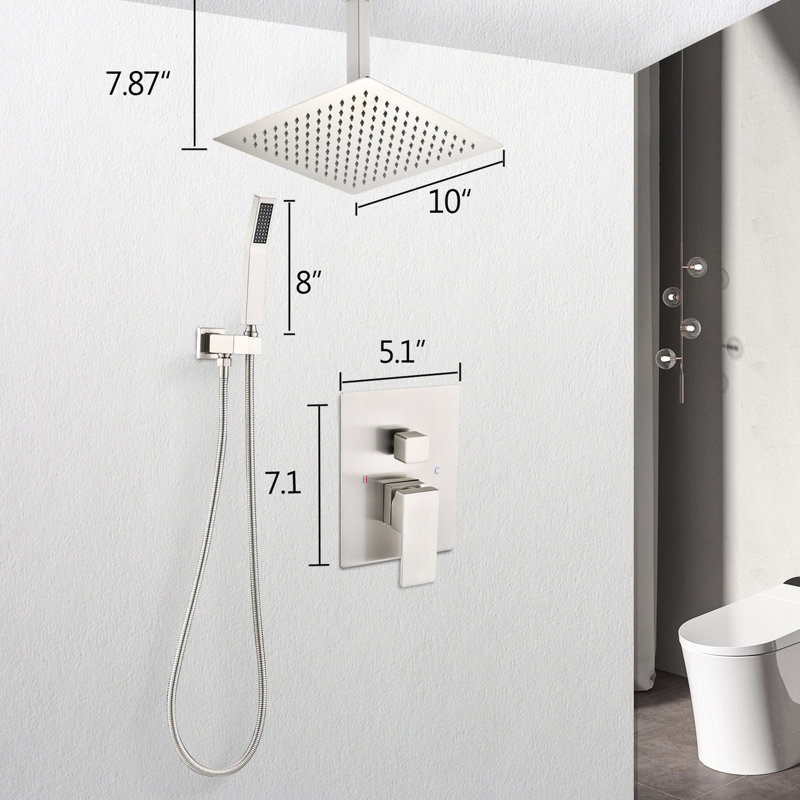 Douche de plafond, finition nickel brossé. Pomme de douche 10 po et douchette. Simule la pluie naturelle. Buse autonettoyante. Salle de bain. Ensemble en laiton. Douchette.