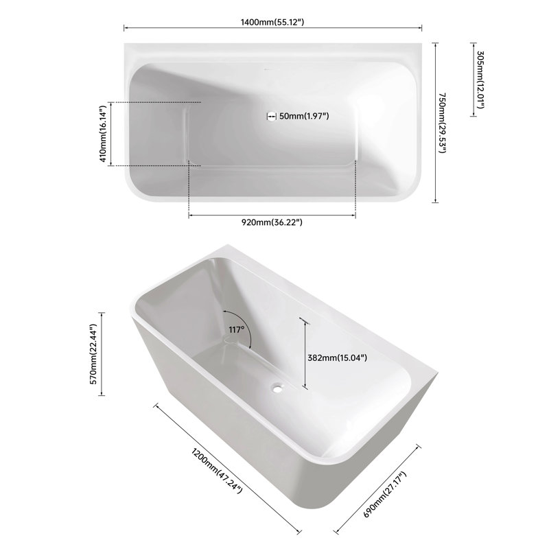 Baignoire de trempage autoportante 59 po en acrylique rectangulaire autoportante 59 po (blanc)
