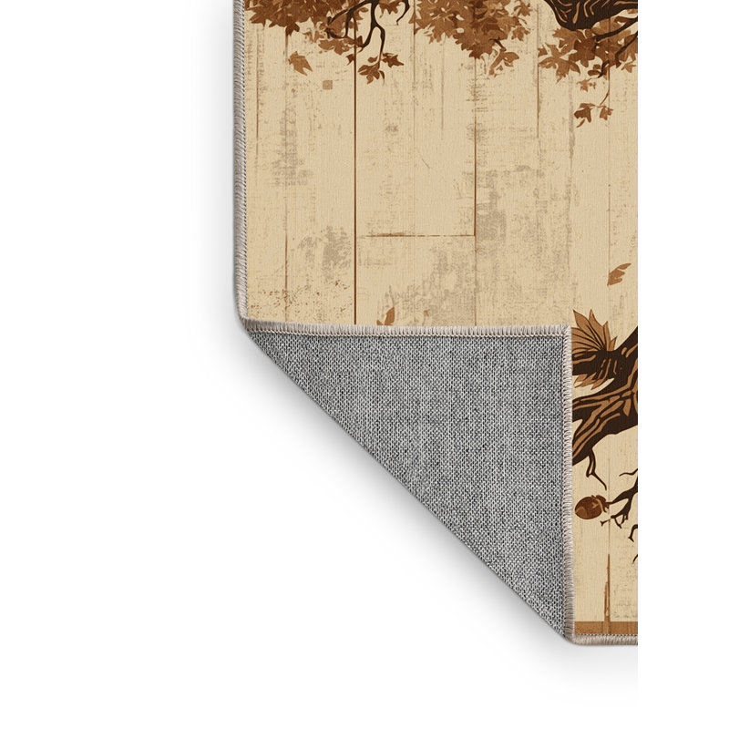 Machine Washable Ottwell Oak Tree Country Rustic Vintage Look Rug in Brown – Beige Binding, 4' Square