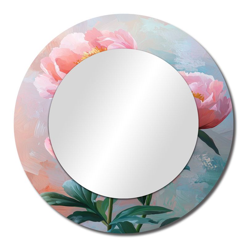 Farm House Peonies Green Petal Harmony I - Floral Accent Wall Mirror - Printed On Metal, 23" x 23"