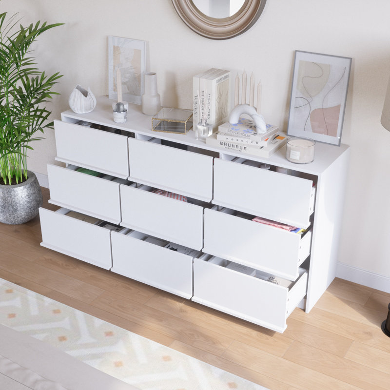 63" W 9 Dresser Drawer For Bedroom, Wood Drawer Dresser With Pull Handle, White