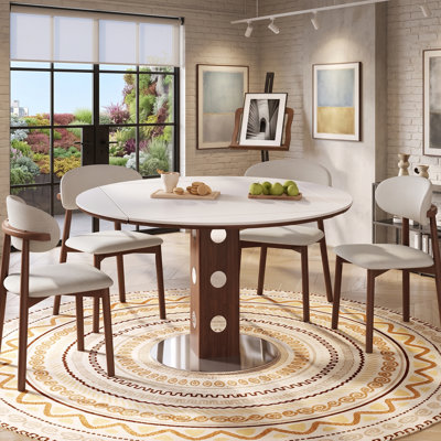 47.2" Extendable Round Dining Table With Drop Leaf, White Sintered Stone Top & Walnut Wood Column, Quick & Easy Assembly
