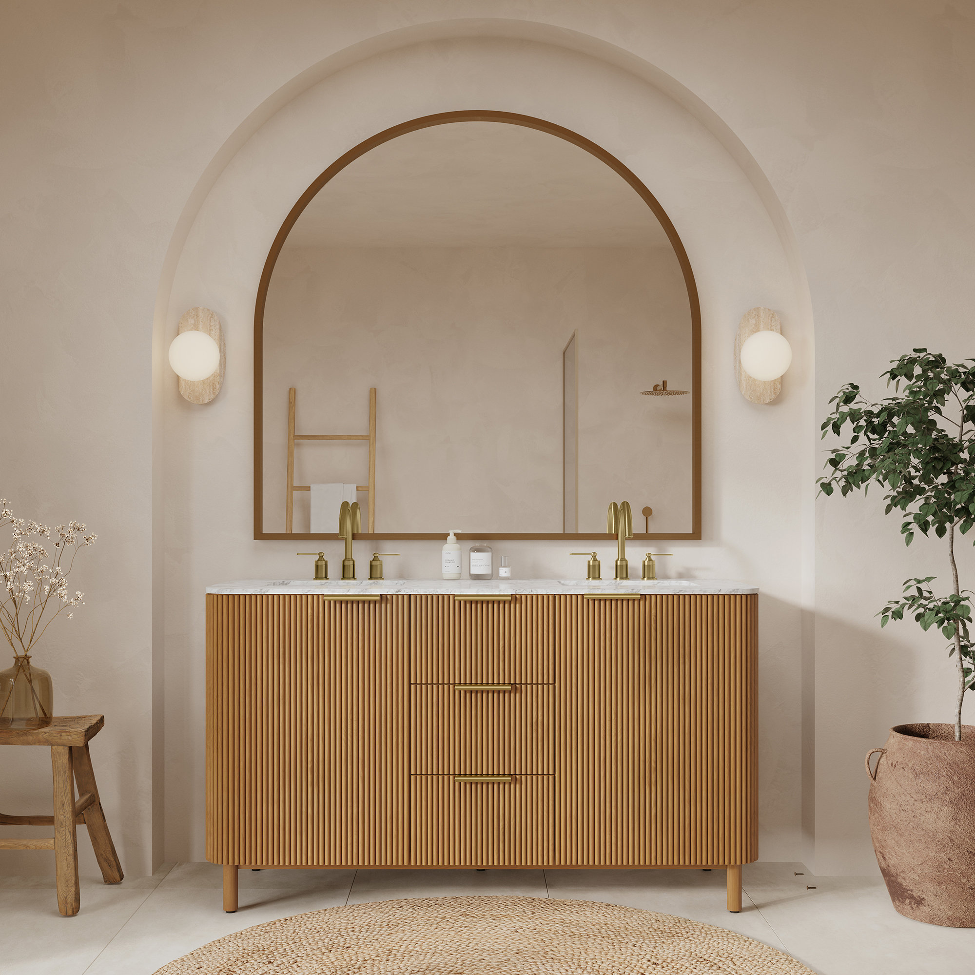 Nova 60" Marble Top Double Sink Bathroom Vanity, Reeded Birch
