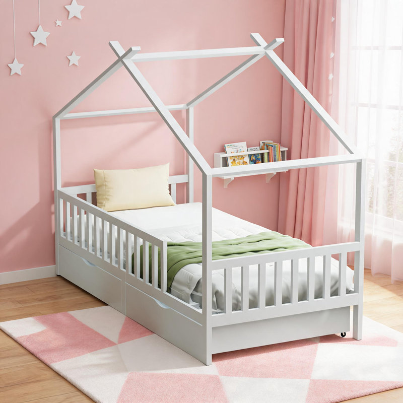 Lit plateforme en bois massif blanc doux avec tiroirs de rangement sous le lit, cadre de maison pour les chambres d'enfants et d'adolescents