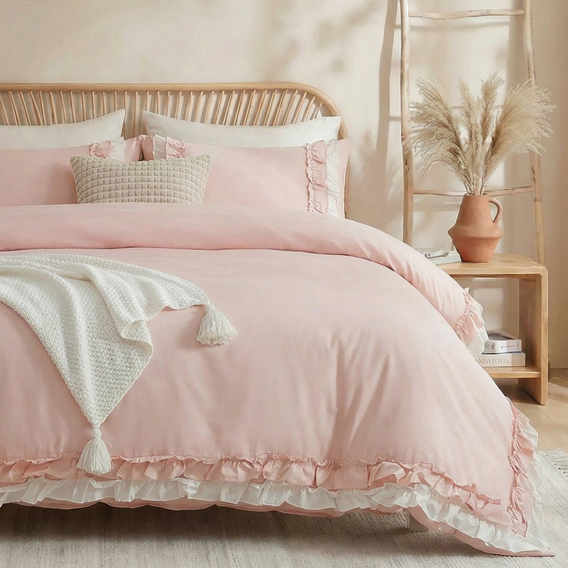 Ensemble de housse de couette à volants en coton rose, Rose, Housse de couette très grand et 2 taies d'oreille