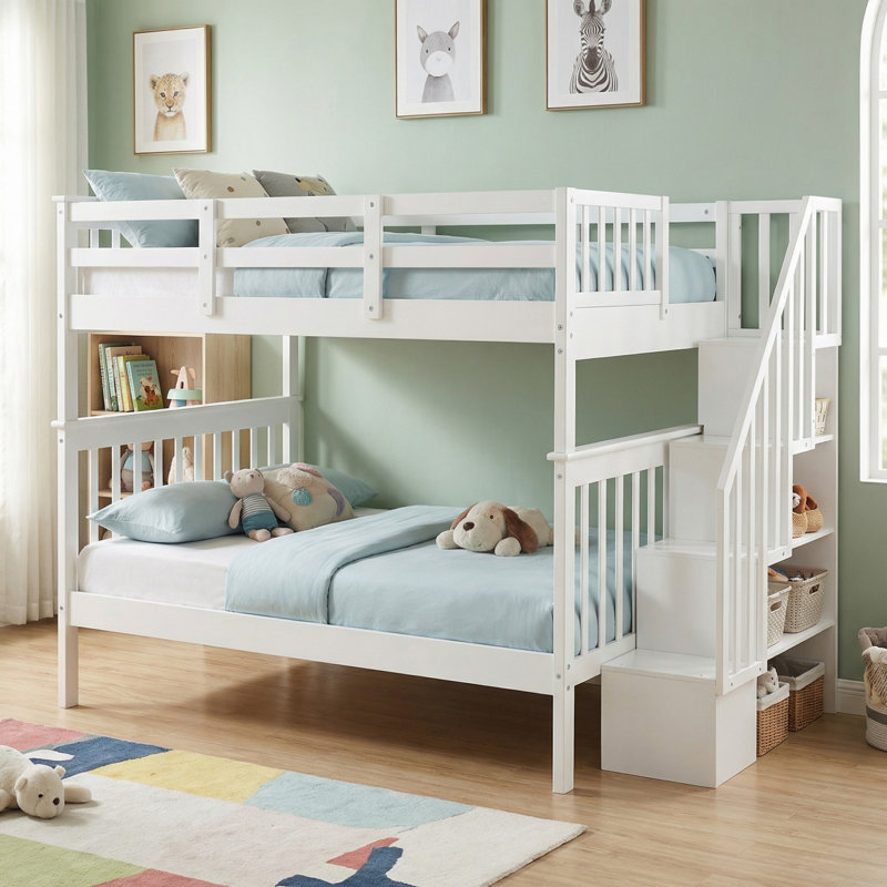 Lit superposé double au-dessus de double en bois massif avec rangement et barrière de sécurité pour chambre à coucher Stairway