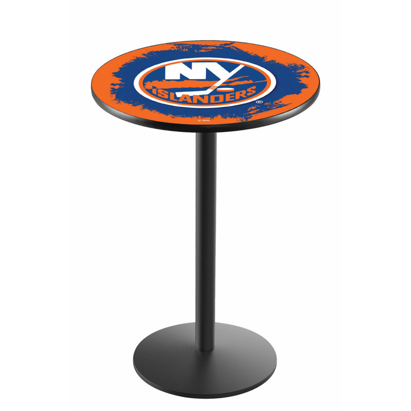NHL Round Metal Base Dining Table, Black Wrinkle, New York Islanders