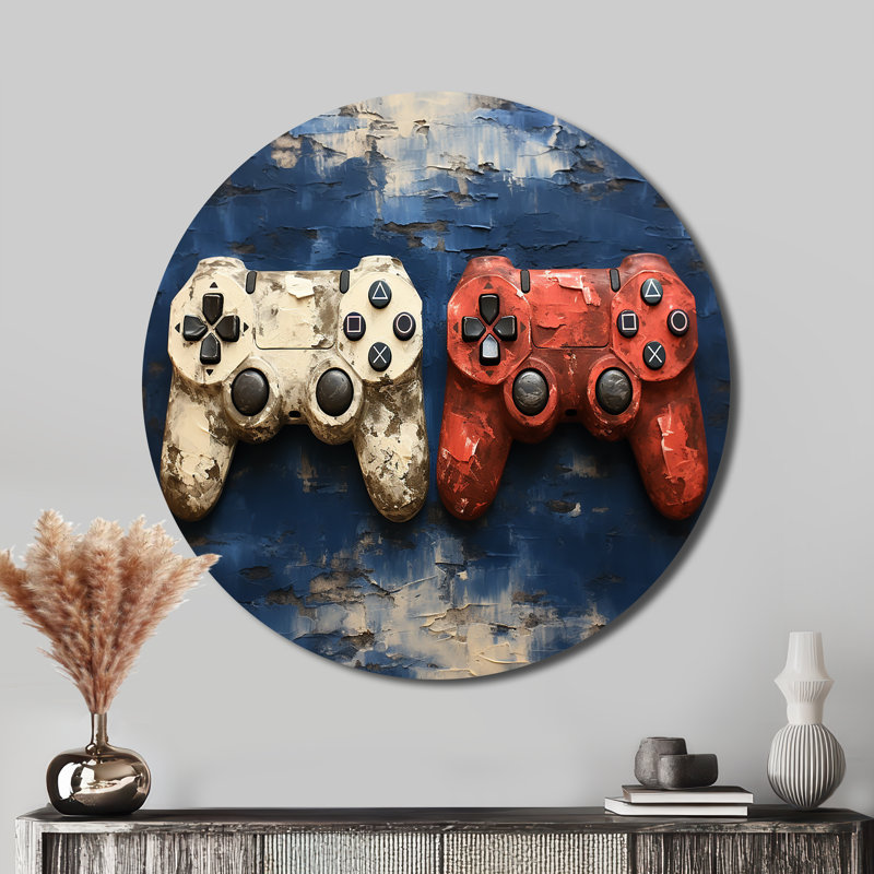 Manettes de jeu vidéo blanches et rouges - mode ronde en métal, H 36 po x l 36 po