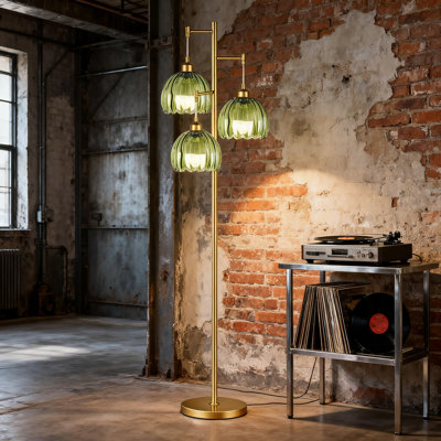 3-Light Tree Floor Lamp With Green Glass Shades, Rustic Gold Finish Tall Standing Lamp For Living Room, Bedroom, Office, And Corner Decor