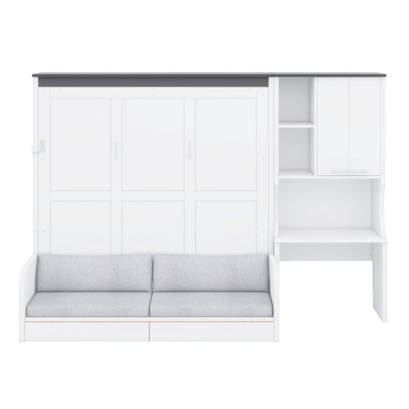 Lit escamotable multifonctionnel avec canapé intégré, bureau de travail et armoire de rangement