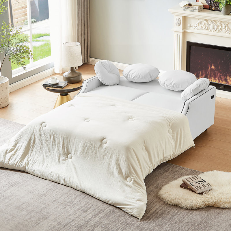 Upholstered Convertible Sofa Bed, Beige Polyester