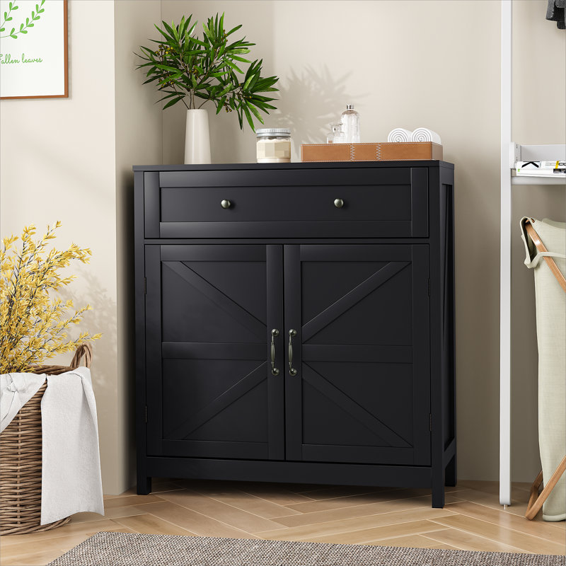 Farmhouse Storage Cabinet with Drawer and Adjustable Shelf, Kitchen Cabinet with Walnut Countertop, Modern Coffee Bar Console Cabinet for Kitchen, Dining Room, Bathroom, Entryway