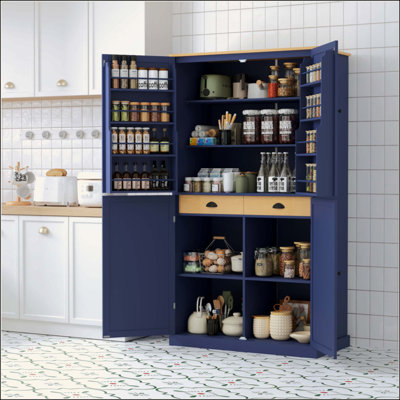 Grande armoire de rangement autoportante avec 2 tiroirs, 2 tablettes réglables, 8 tablettes de porte pour la cuisine, la salle à manger