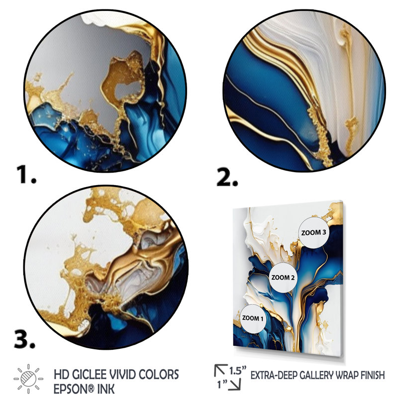 Abstract Geode Gold And Blue Marble Shape III - 3 Piece Print on Canvas, 32" H x 48" W x 1" D, Wrapped Canvas