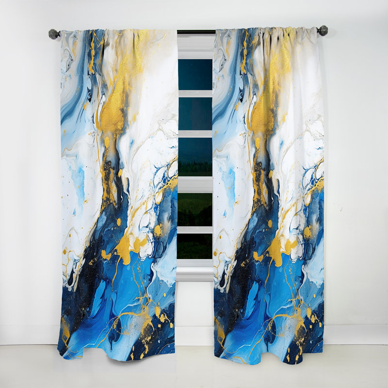 Bleu et or luxueux abstrait fluide Art IV - rideau en velours moderne - obscurcissant - 1 panneau, L 52 po x L 90 po
