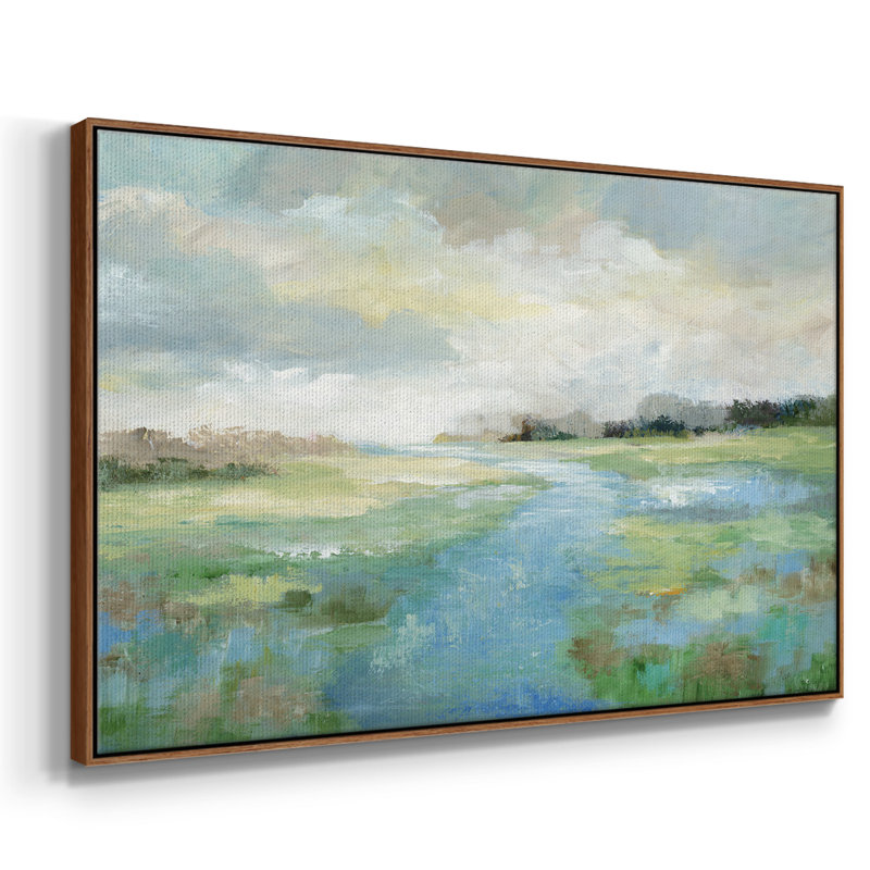 «Winding Stream», peinture sur toile encadrée, H 27 po x l 41 po x P 2 po, Cadre noyer