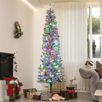 7.5 Ft Pre-Lit Pencil Christmas Tree, Artificial Christmas Tree With 220 Dual Color LED Lights And 519 Branch Tips, Flocked Xmas Tree With Metal Stand For Holiday Party