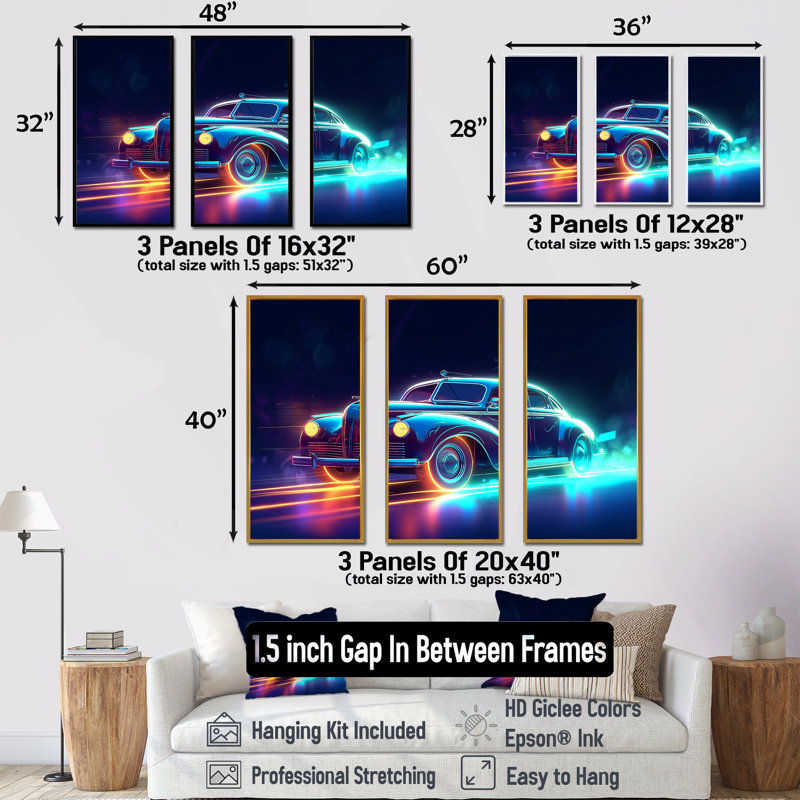 Ensemble de salon Neon Light Strips Around Indigo Vintage Car - Car Vintage Wall Art, Cadre flottant doré