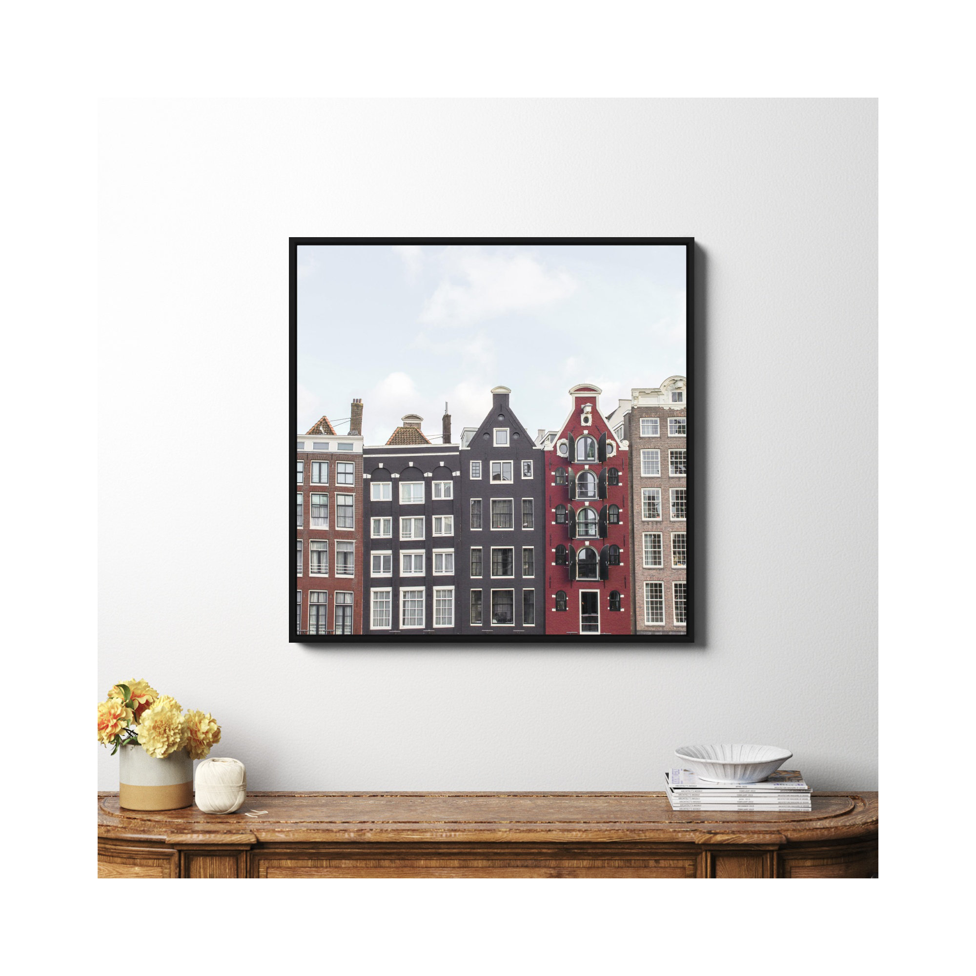 Typical Houses Of Amsterdam, 36" H x 36" W x 2" D, No, Black Framed Canvas