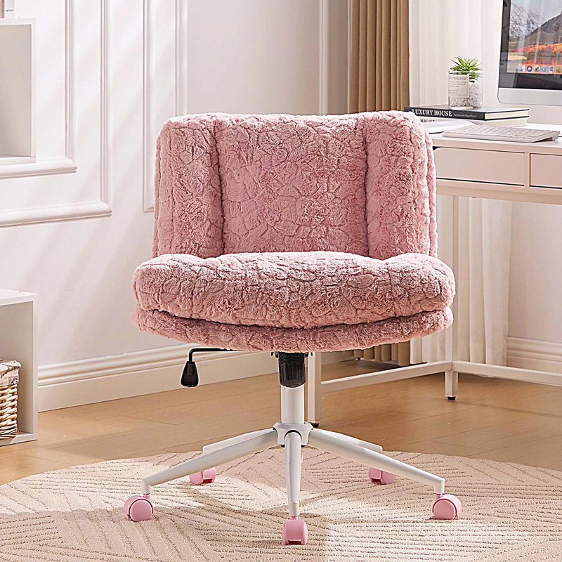 Artificial rabbit hair Home Office Chair with Metal Base, Adjustable Desk Chair Swivel Office Chair,Vanity Chair, Pink