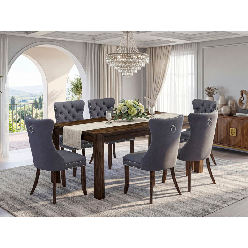 7 Piece Dining Table Set Contains a Rectangle Rustic Wood Kitchen Table and 6 Polyester Fabric Upholstered Chairs, Distressed Jacobean