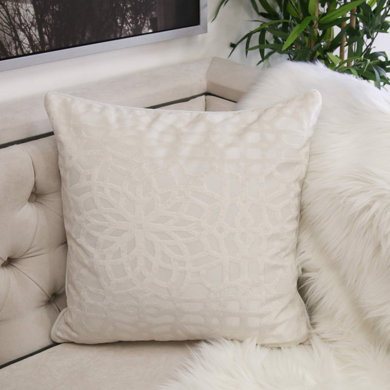 Damask Velvet Throw Pillow, Ivory