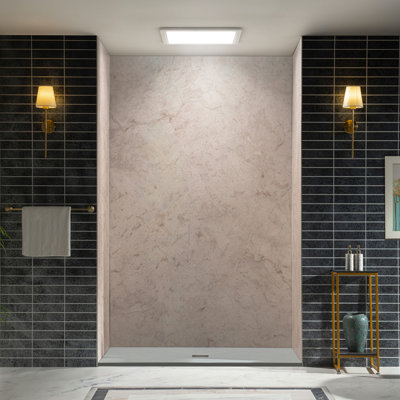 Panneaux muraux de douche WOODBRIDGE en surface solide, 3 pièces, à coller, 152 cm (L) x 91 cm (P) x 244 cm (H), recoupables et faciles à installer soi-même, installation rapide, épaisseur 3,5 mm, beige mat, motif marbre, WADG-603696-A-M