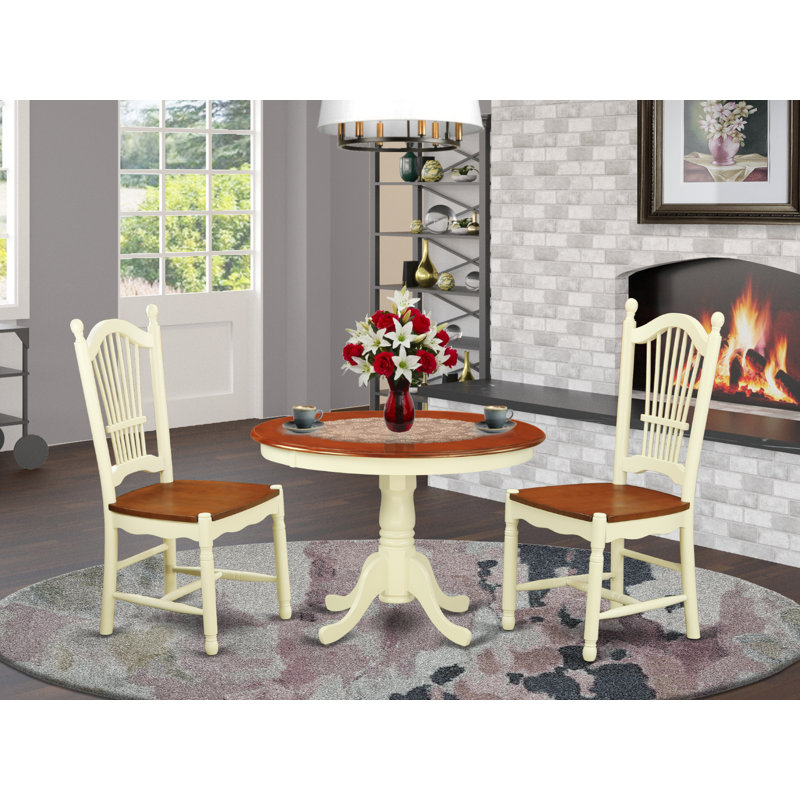 3 Piece Dining Set Contains a Round Dining Room Table with Pedestal and 2 Kitchen Chairs, Buttermilk & Cherry