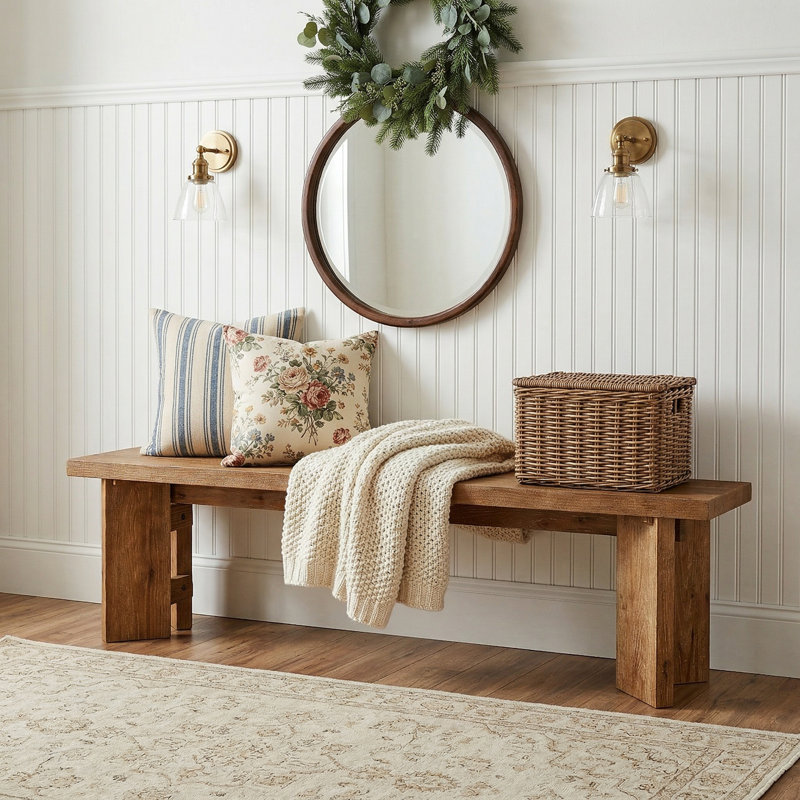 62.99" Long Solid Wood Entryway Bench, Farmhouse Wooden Bench with Thickened Legs for Entrance, Dining Room