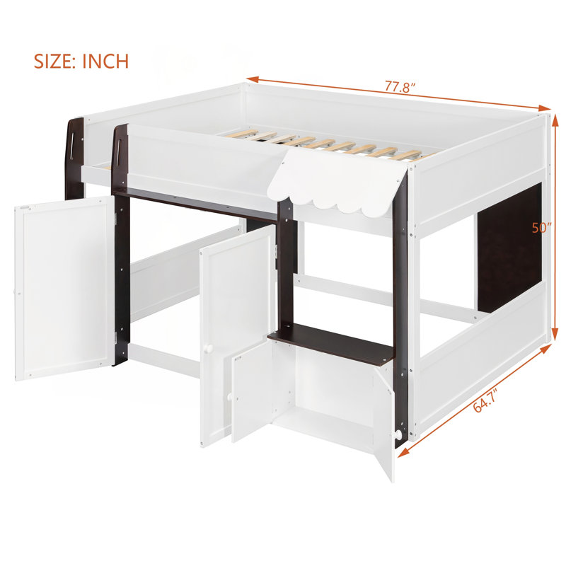 Lit mezzanine avec maisonnette et rangement, lit en bois moderne, Espresso/blanc