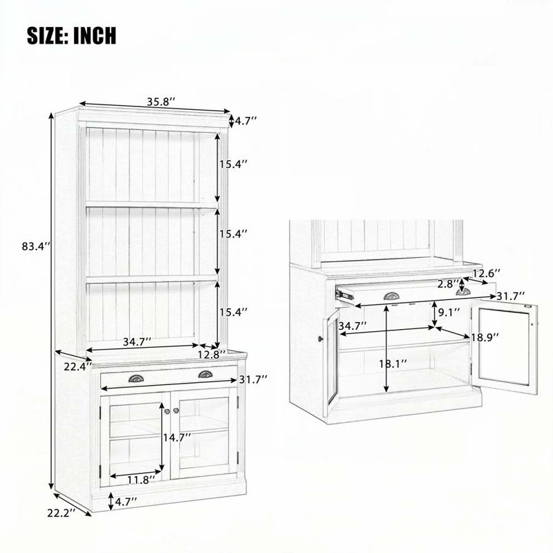 Bibliothèque de 35,8 po de largeur avec éclairage DEL, bibliothèques modernes avec portes et tiroirs en verre, Blanc