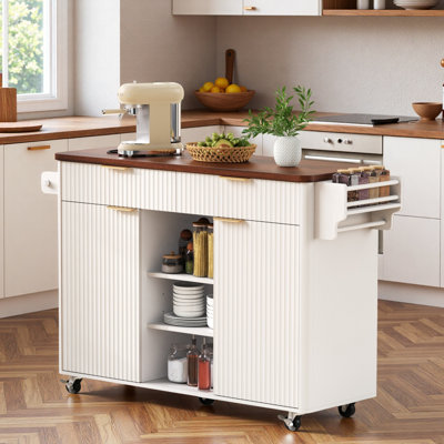 Fluted Kitchen Island With Drop Leaf, Power Outlet, Adjustable Shelves, 2 Doors And 2 Drawers