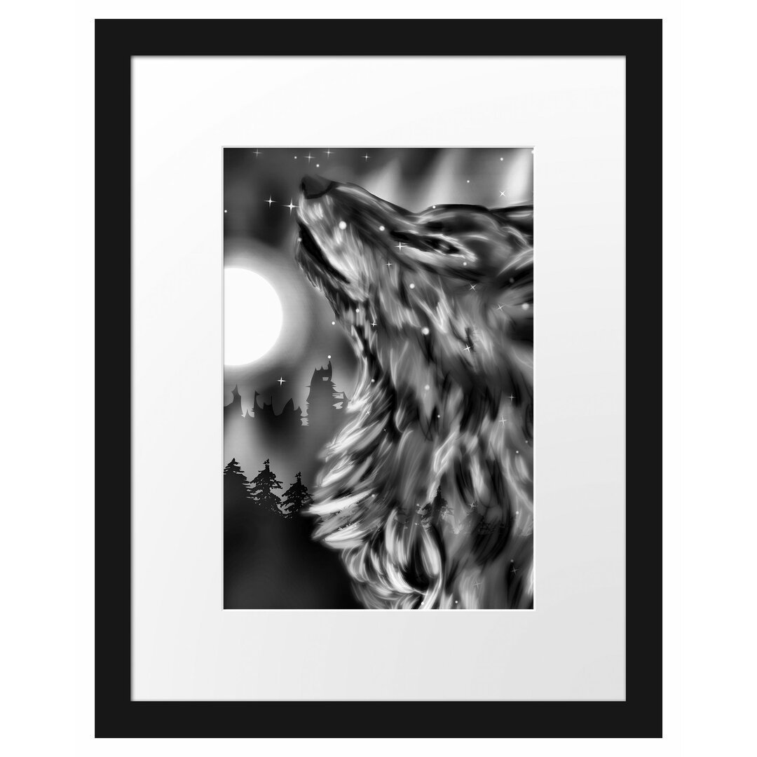 Gerahmtes Poster Abstrakter Wolf mit Mond