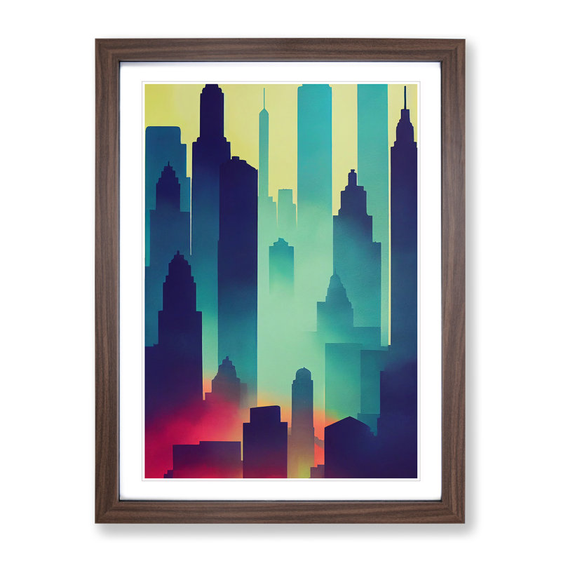 City Skyline Watercolour No.6 - Painting, 66cm H x 48cm W x 2cm D, Walnut Framed, White