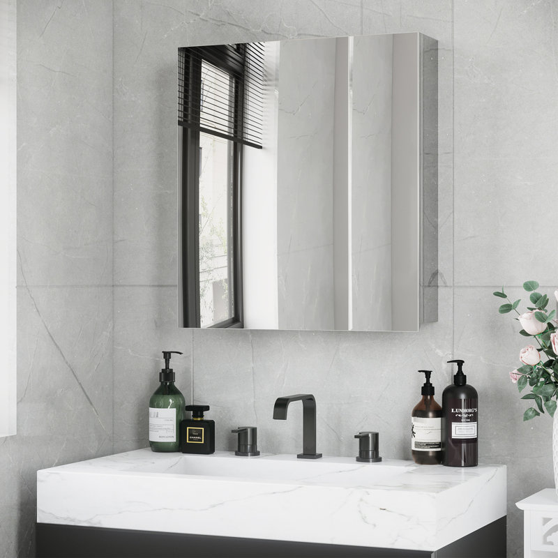 Armoire de salle de bain en acier inoxydable - fermeture douce pour une expérience paisible - miroir avec tablettes