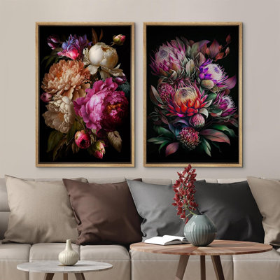 Flower Blossom Moody Colorful Blossom Flowers Bouquet Floral & Botanical Framed Canvas 2 Pieces Print Wall Art
