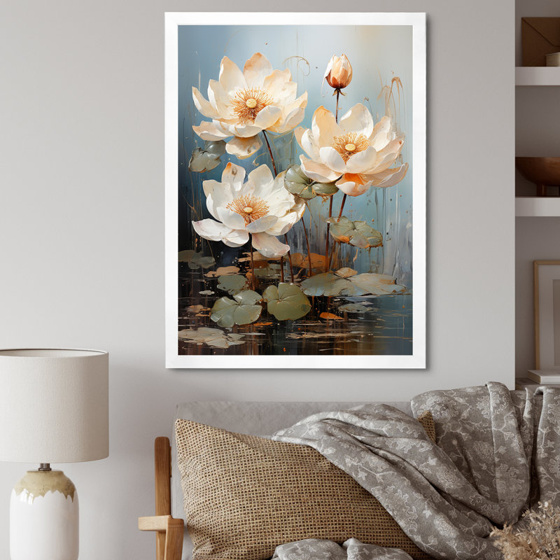 Élégance en fleurs de lotus sur toile, Cadre simple blanc, H 32 po x l 24 po x P 1 po