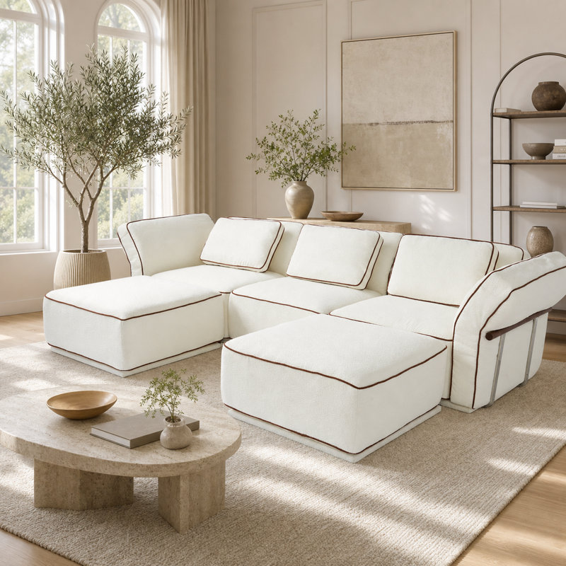 Canapé d'angle Adonia 128,36 po, revêtement en bouclette, accoudoirs évasés et 2 poufs inclus, White Boucle