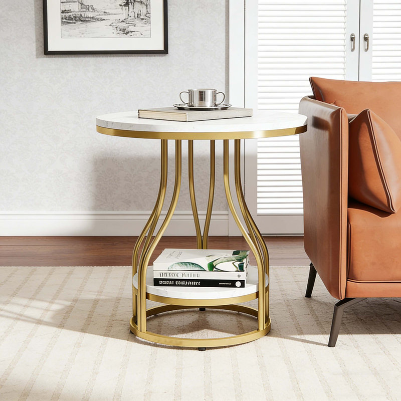 Table d'appoint ronde à 2 niveaux avec structure en métal, Gold & White