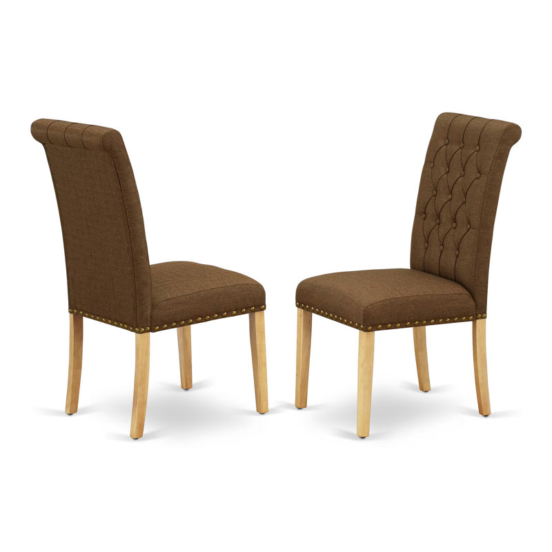 Anglers Parson Kitchen Chairs - Button Tufted Nailhead Trim Brown Linen Linen Fabric Upholstered Dining Chairs, Set of 2, Oak