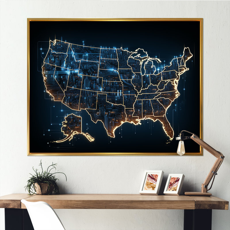 «Usa Map Luminous Repères», reproduction d'art sur toile encadrée, Cadre flottant doré, H 34 po x l 44 po x P 1,5 po