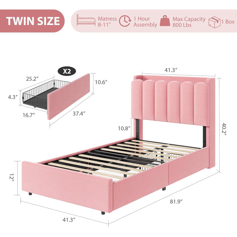 LED Upholstered Platform Bed with Storage Drawers & Wavy Headboard, No Box Spring Needed, Twin, Pink
