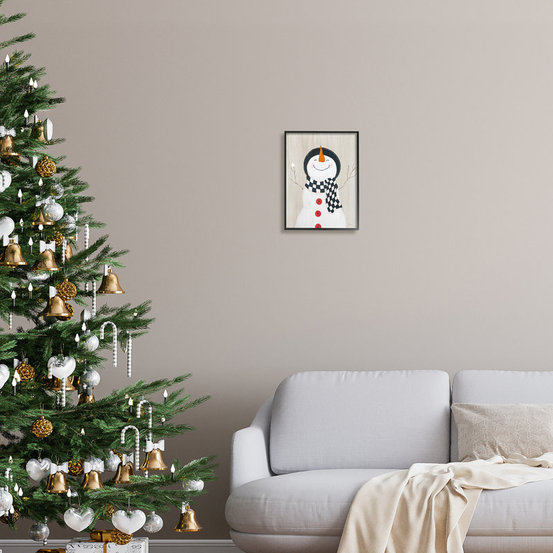 «Happy Smile Winter Snowman» encadré sur bois par Janet Tava, peinture, H 14 po x l 11 po, Giclée encadrée noir minuit